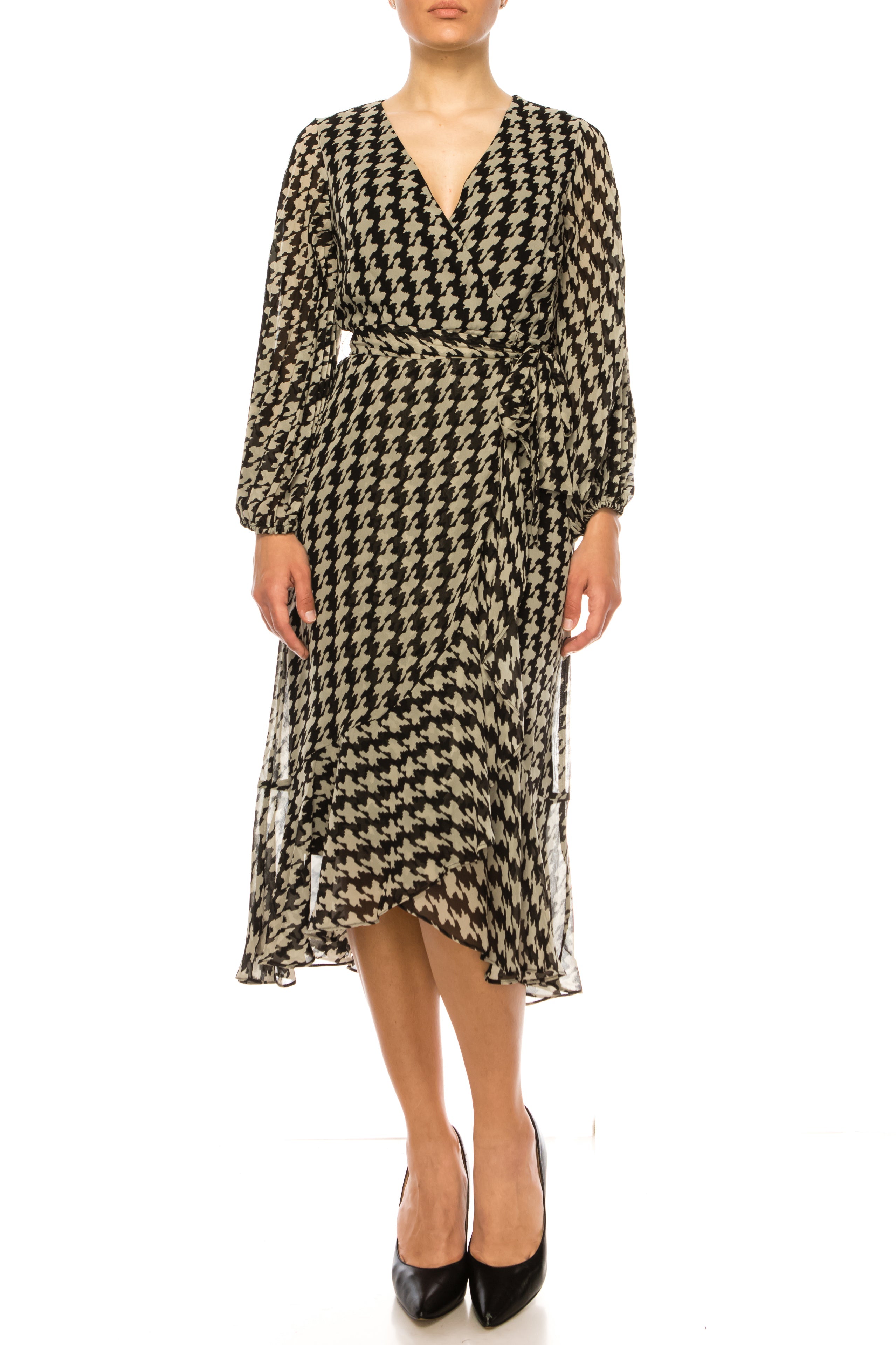 Maison Tara 95546M Faux Wrap Houndstooth Print Midi Dress