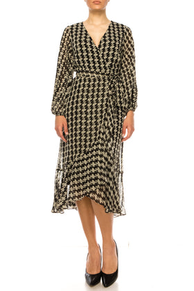 Maison Tara 95546M Faux Wrap Houndstooth Print Midi Dress