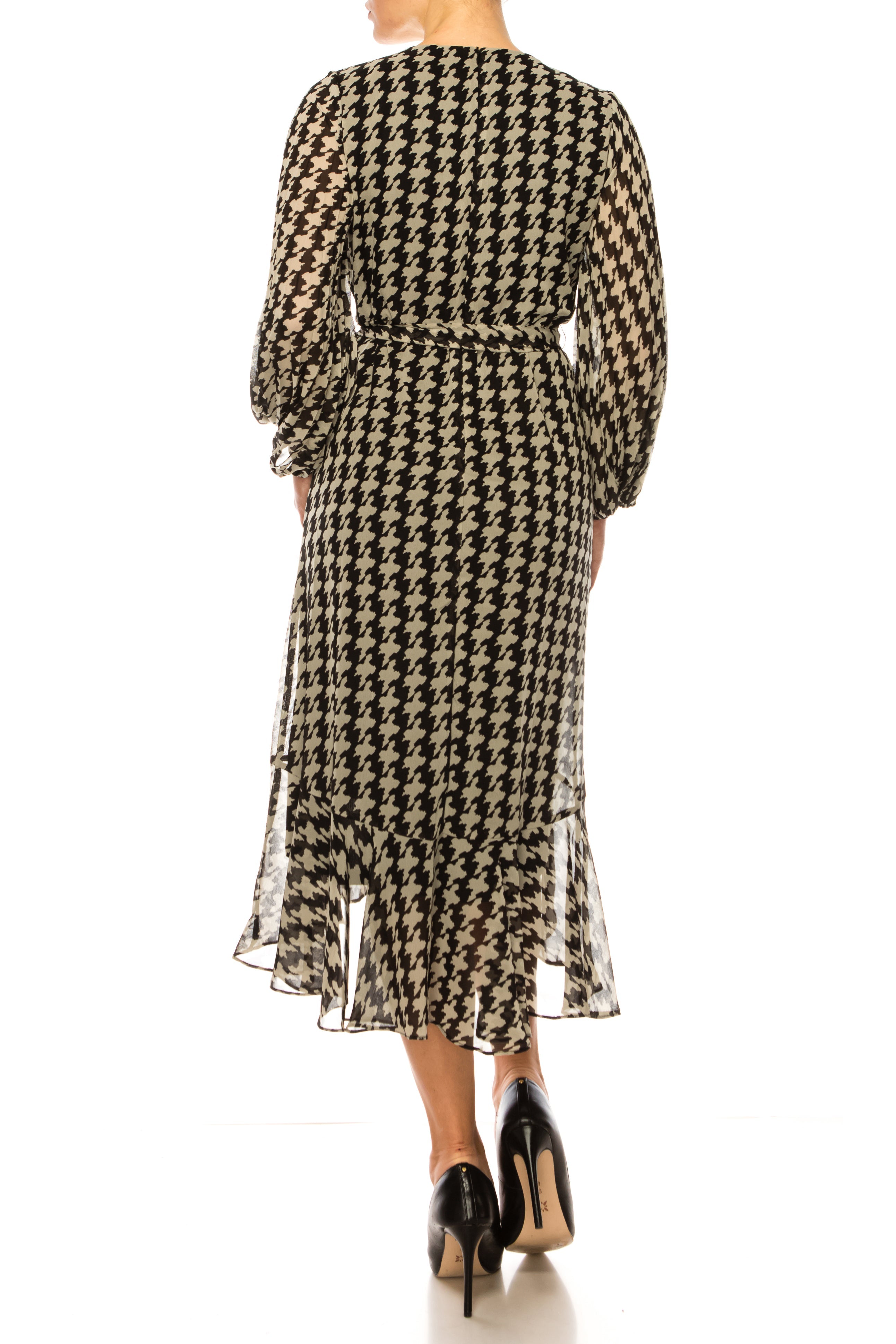 Maison Tara 95546M Faux Wrap Houndstooth Print Midi Dress