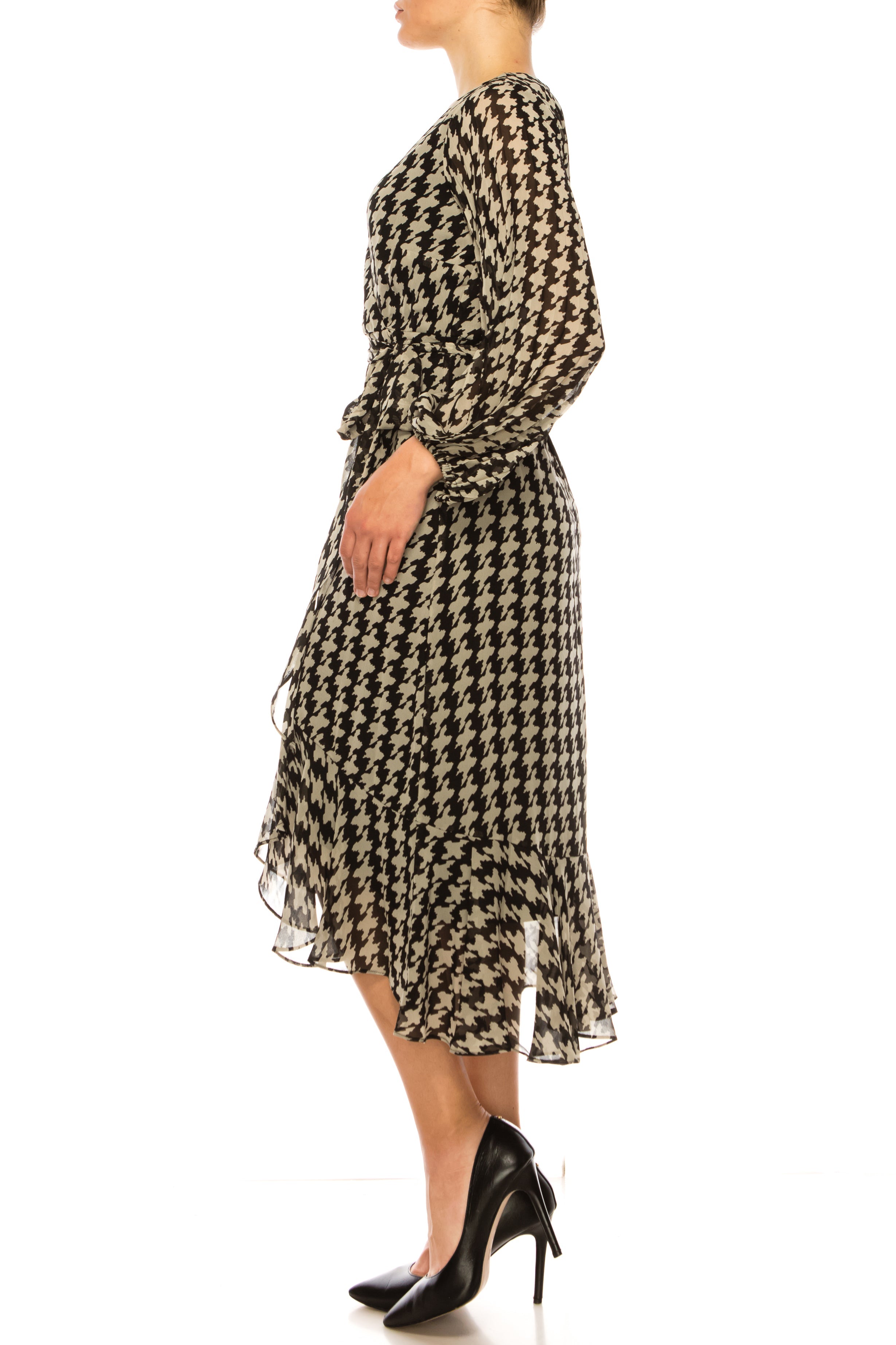 Maison Tara 95546M Faux Wrap Houndstooth Print Midi Dress