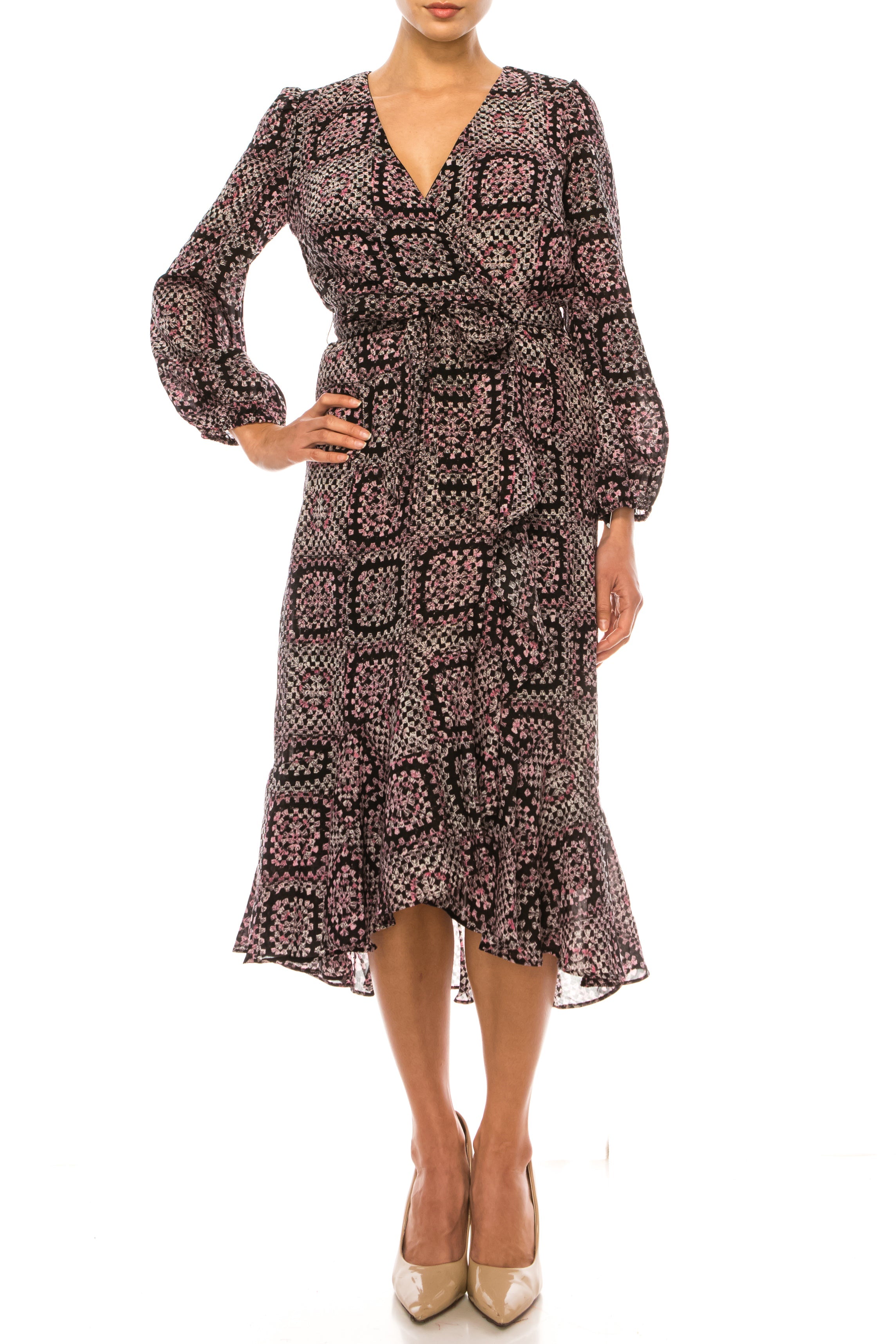 Maison Tara 95611M Multi Print V Neck Faux Wrap Midi Dress