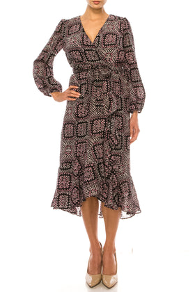 Maison Tara 95611M Multi Print V Neck Faux Wrap Midi Dress