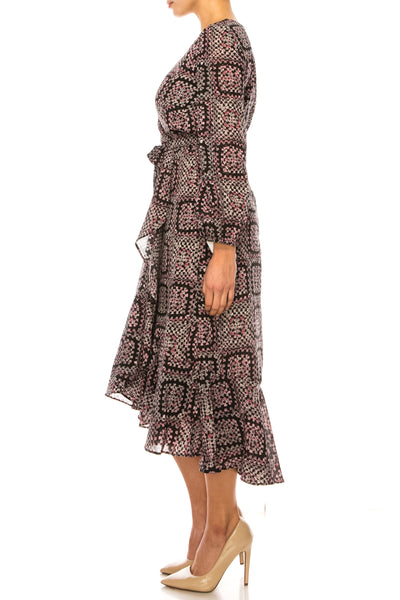 Maison Tara 95611M Multi Print V Neck Faux Wrap Midi Dress