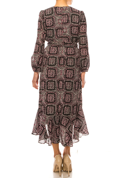 Maison Tara 95611M Multi Print V Neck Faux Wrap Midi Dress