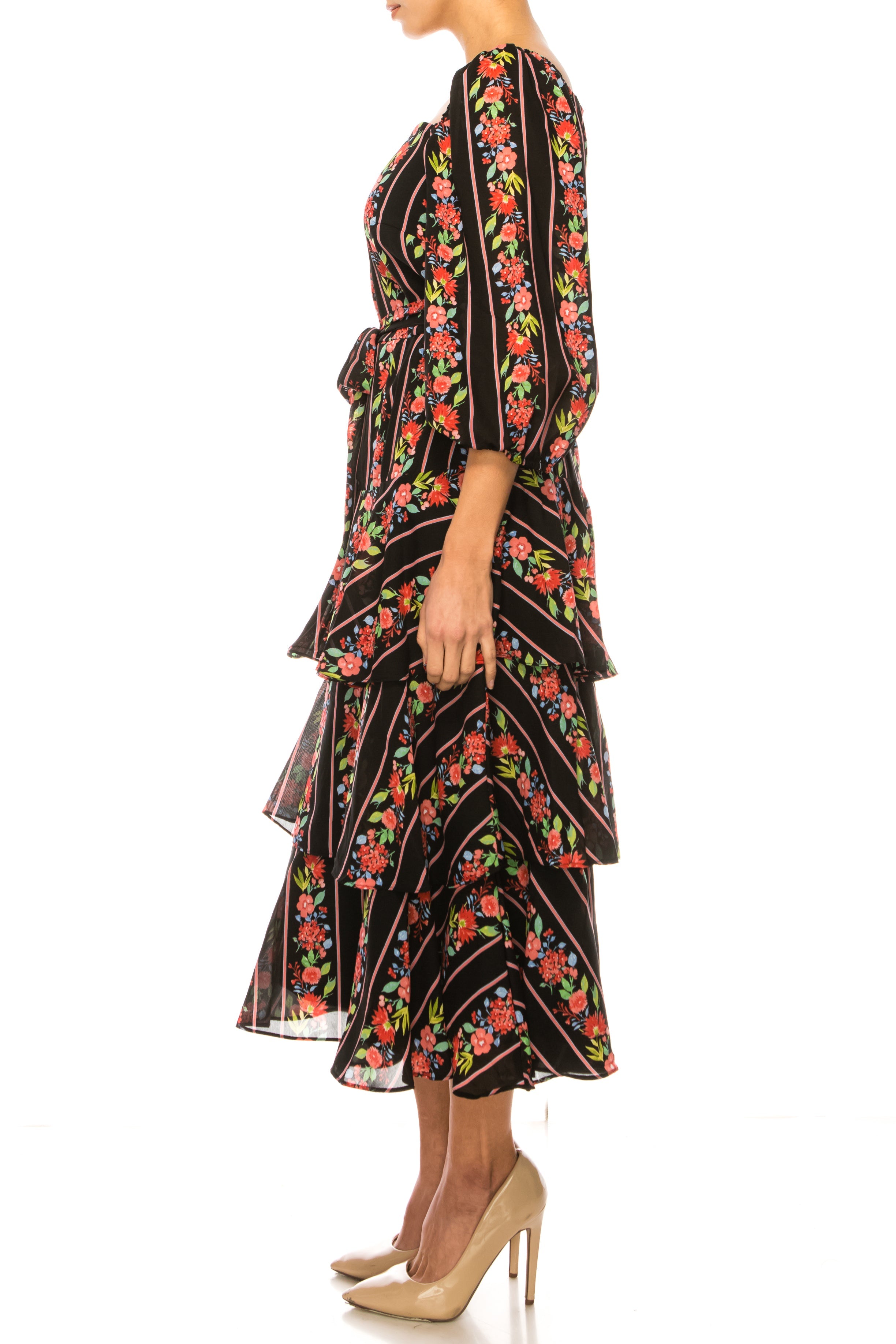 Maison Tara 95640M Square Neck Tiered Skirt Midi Dress