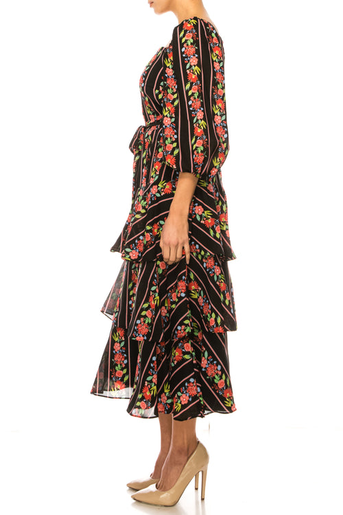Maison Tara 95640M Square Neck Tiered Skirt Midi Dress