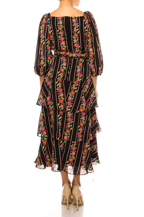 Maison Tara 95640M Square Neck Tiered Skirt Midi Dress