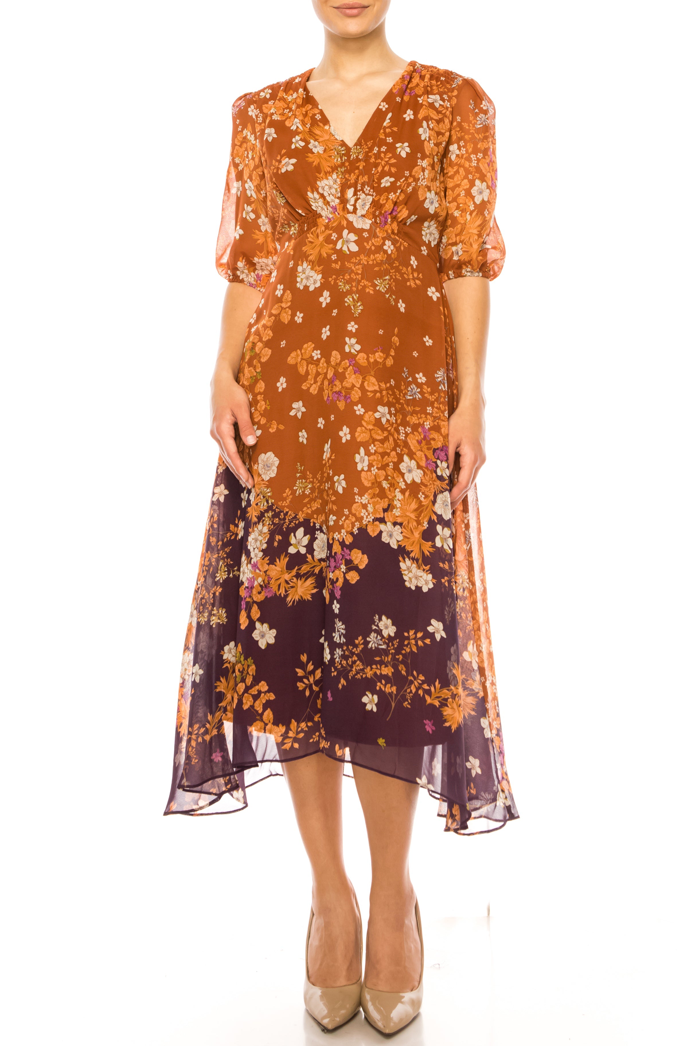 Maison Tara 96036M Floral Contrast 3/4 Sleeve Dress