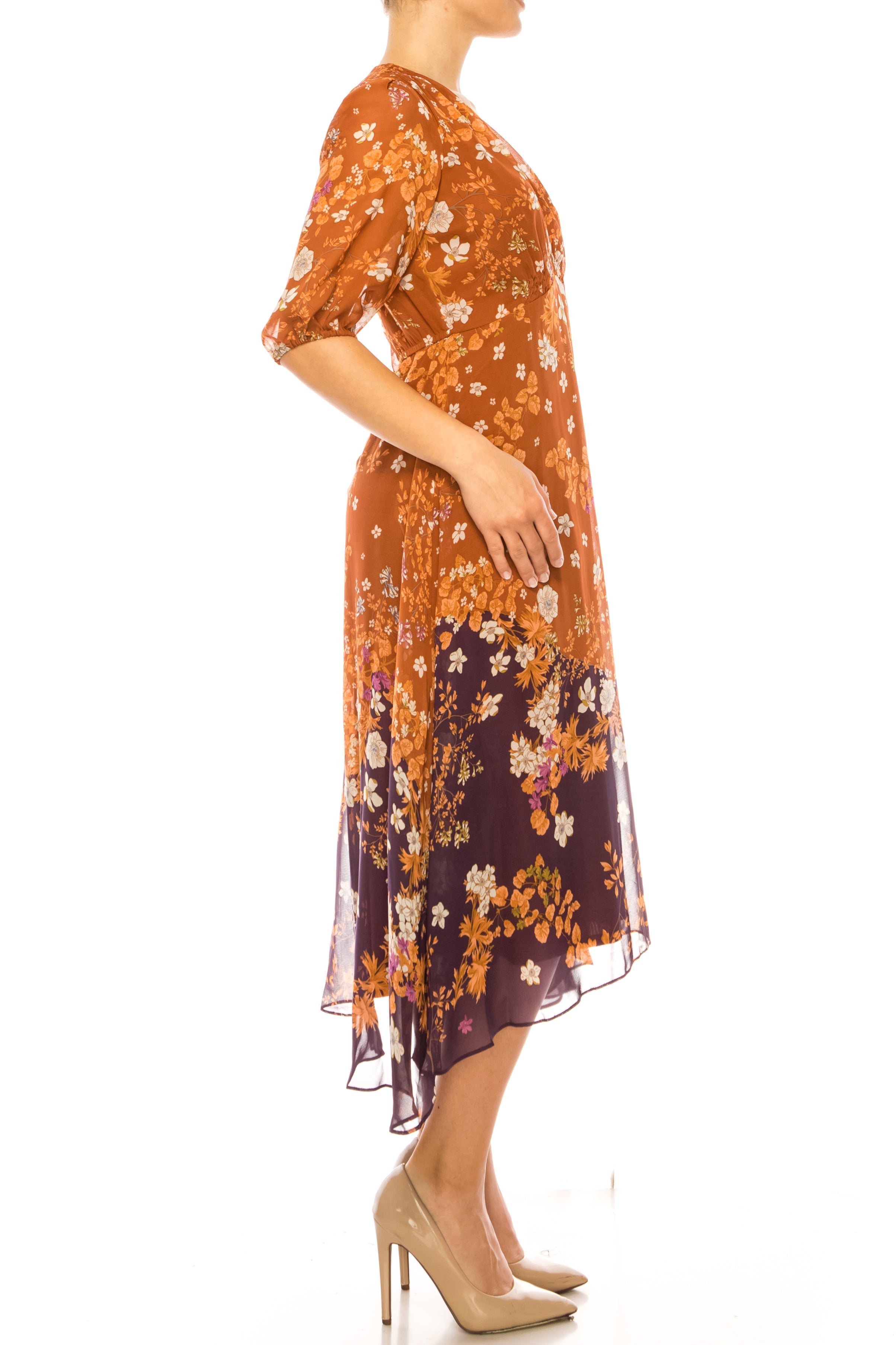 Maison Tara 96036M Floral Contrast 3/4 Sleeve Dress