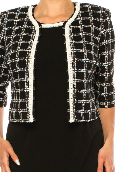 Maya Brooke 28167 Checkered Pearl Trim Sheath Dress with Collarless Jacket