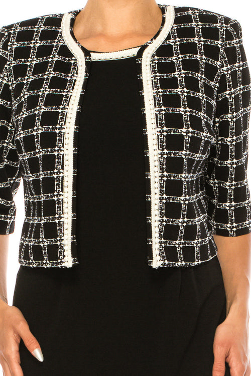 Maya Brooke 28167 Checkered Pearl Trim Sheath Dress with Collarless Jacket