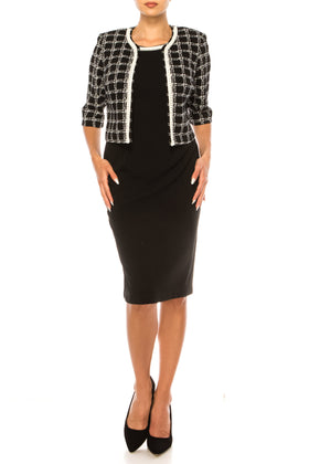 Maya Brooke 28167 Checkered Pearl Trim Sheath Dress with Collarless Jacket