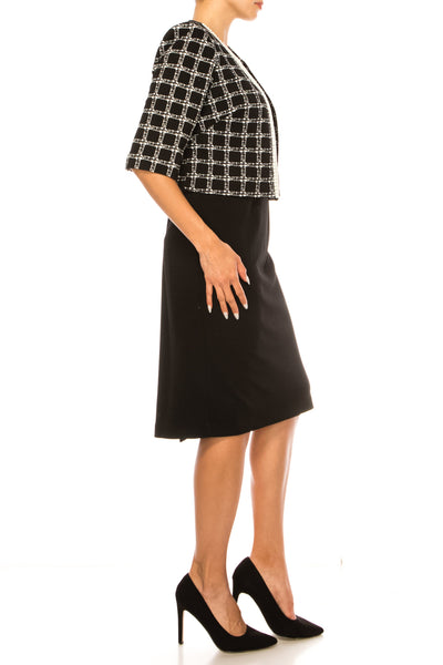 Maya Brooke 28167 Checkered Pearl Trim Sheath Dress with Collarless Jacket