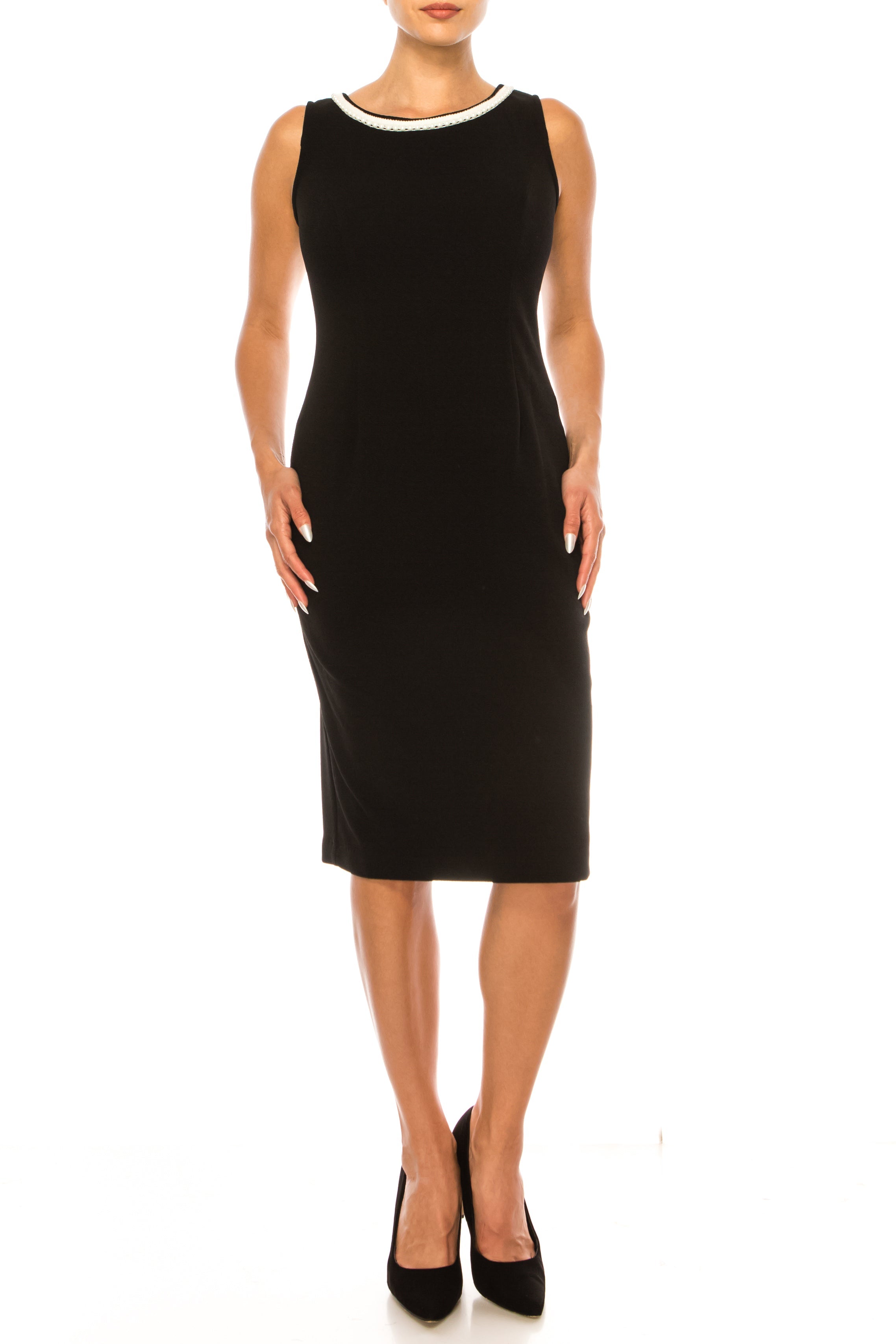 Maya Brooke 28167 Checkered Pearl Trim Sheath Dress with Collarless Jacket