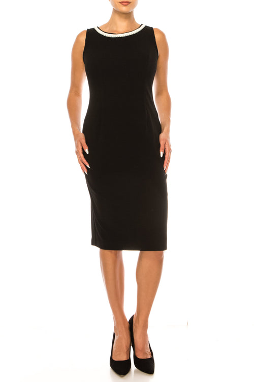 Maya Brooke 28167 Checkered Pearl Trim Sheath Dress with Collarless Jacket
