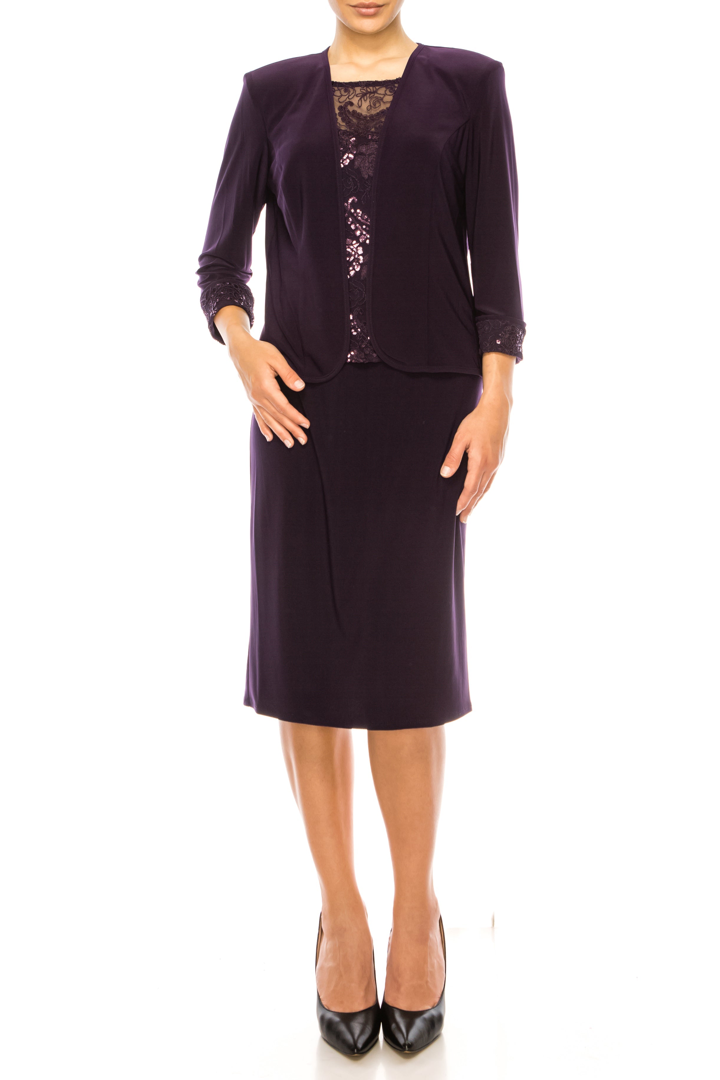Maya Brooke 28260 Embroidered Sequin Tank Sheath Dress with 3/4 Sleeve Jacket