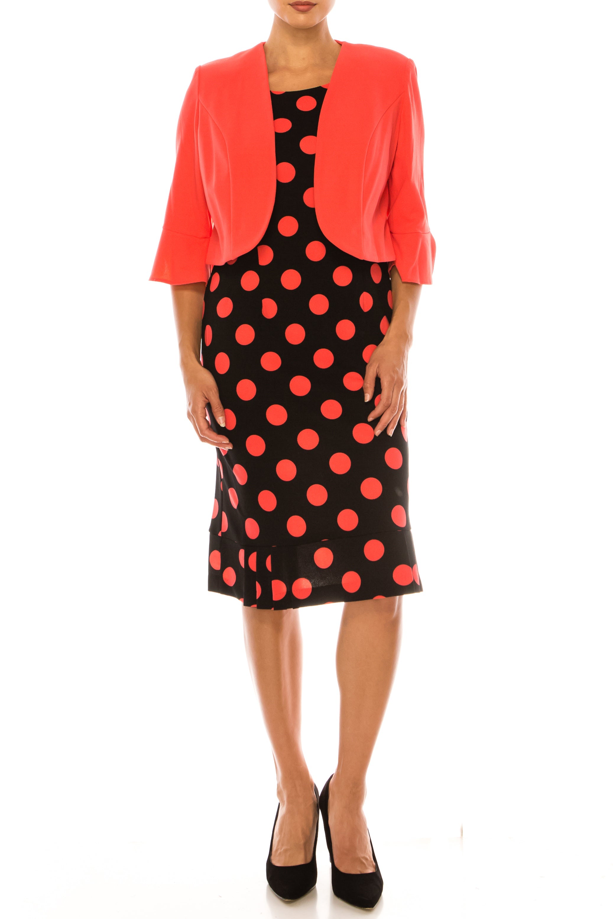 Maya Brooke 4222 Polka Dot Pleated Hem Sheath Dress CORAL Black / 16