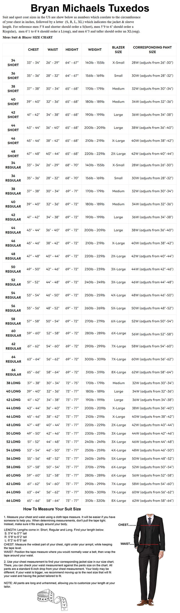 Bryan Michaels Tuxedos Size Chart