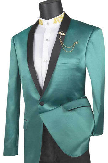 Chaqueta de esmoquin de satén brillante de un botón y corte entallado para hombre en verde azulado
