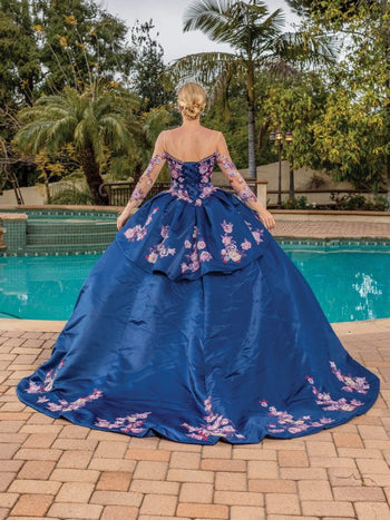 Dancing Queen DQ1816 Illusion Scoop Neck Floral Applique Ball Gown with Long Sheer Sleeves