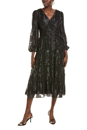 Nicole Miller MD4F19J98 Very Black Metallic V-Neck Tiered A-Line Dress