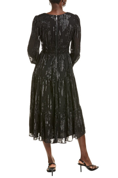 Nicole Miller MD4F19J98 Very Black Metallic V-Neck Tiered A-Line Dress