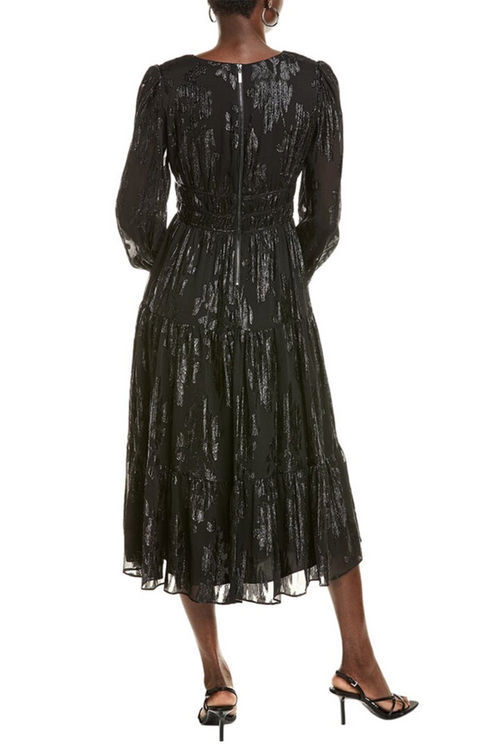 Nicole Miller MD4F19J98 Very Black Metallic V-Neck Tiered A-Line Dress