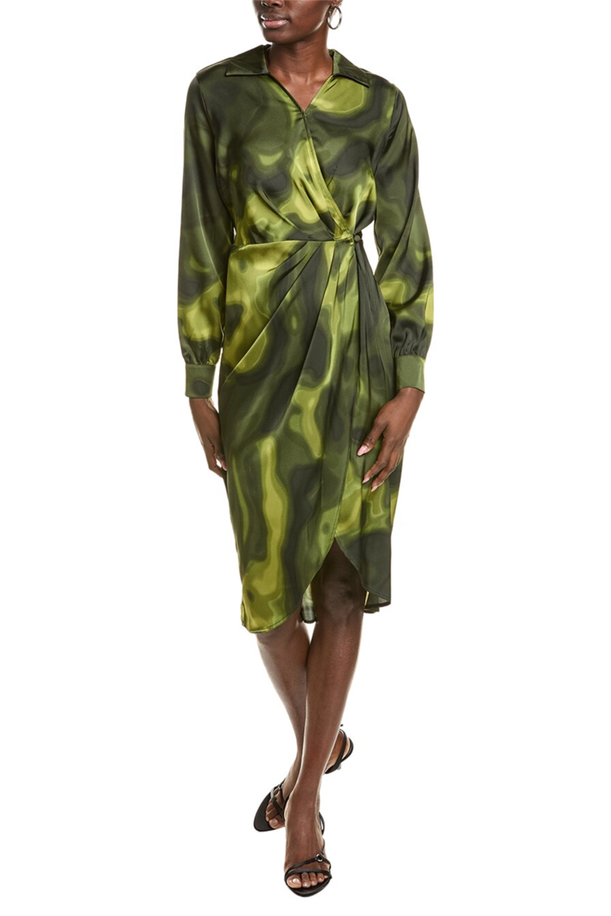 Nicole Miller MD4F14289 Green Print Long Sleeve Tie Dye Wrap Dress with Spread Collar