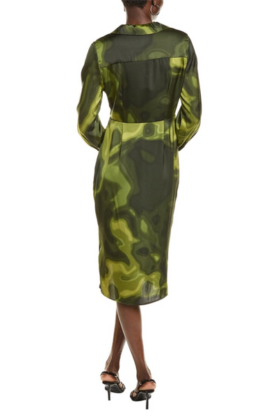 Nicole Miller MD4F14289 Green Print Long Sleeve Tie Dye Wrap Dress with Spread Collar