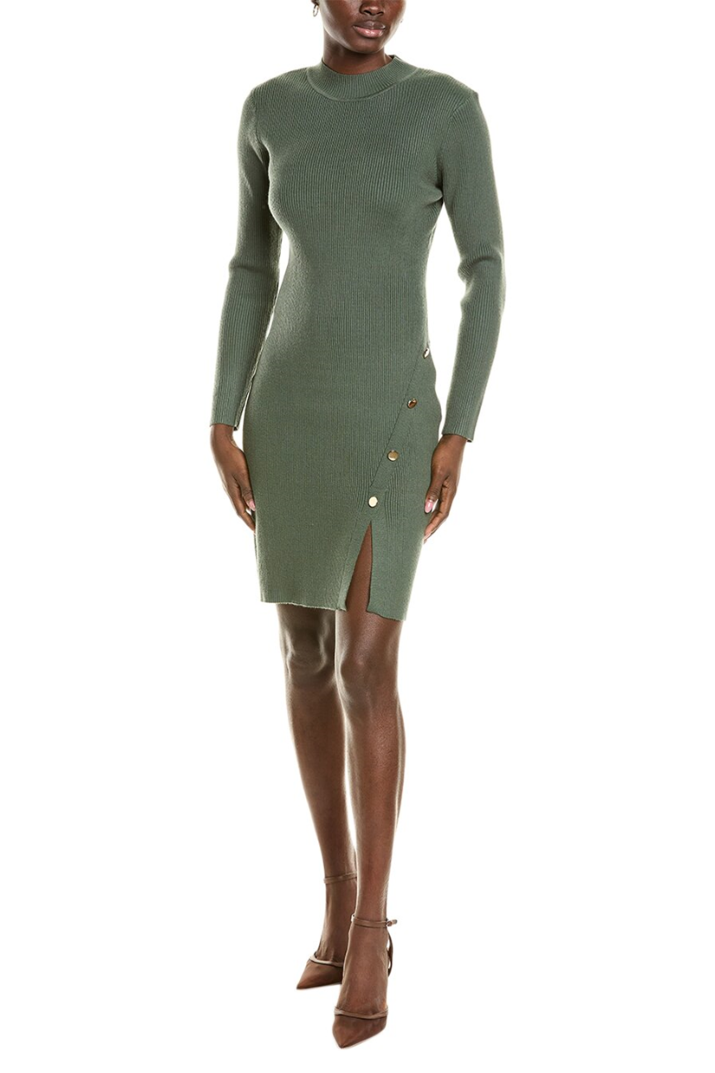 Nicole Miller MD4F18476 Leafy Green Ribbed Mock Neck Sweater Dress with Buttoned Skirt