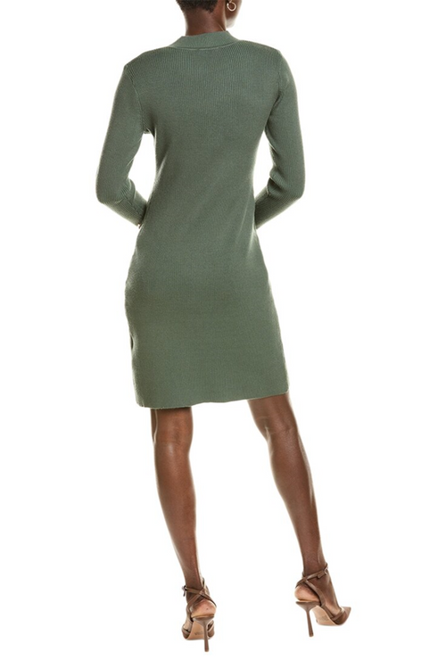 Nicole Miller MD4F18476 Leafy Green Ribbed Mock Neck Sweater Dress with Buttoned Skirt