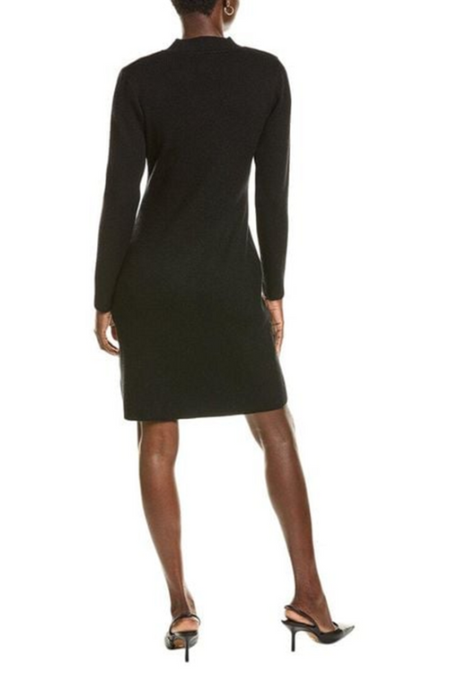 Nicole Miller MD4F18476 Very Black Ribbed Mock Neck Sweater Dress with Buttoned Skirt