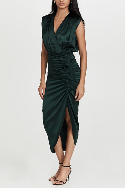 Nicole Miller MD4H1451P Evergreen Ruched V-Neck Cap Sleeve Cocktail Dress with Front Zipper