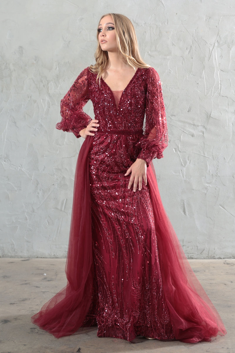 Formal Dresses Fitted Long Overskirt Formal Evening Lace Dress Burgundy