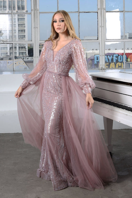 High Couture NR2216 Fitted Long Overskirt Formal Evening Lace Dress