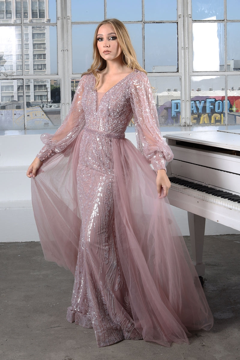 High Couture NR2216 Fitted Long Overskirt Formal Evening Lace Dress