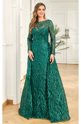 Clearance Emerald Size 10 Lace Long Sleeve A-Line Formal Evening Gown By High Couture NR2224