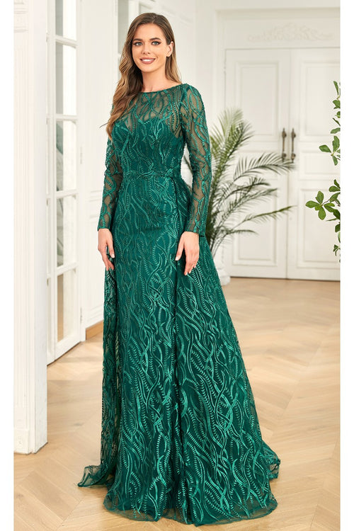Clearance Emerald Size 10 Lace Long Sleeve A-Line Formal Evening Gown By High Couture NR2224