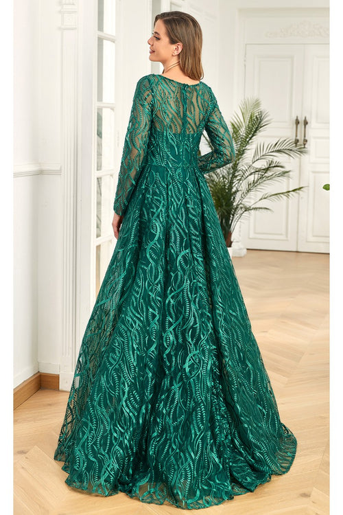 Clearance Emerald Size 10 Lace Long Sleeve A-Line Formal Evening Gown By High Couture NR2224