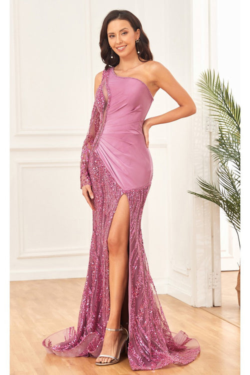 Prom Dresses Beaded Long Formal Slit Sequin Prom Dress Dusty Rose