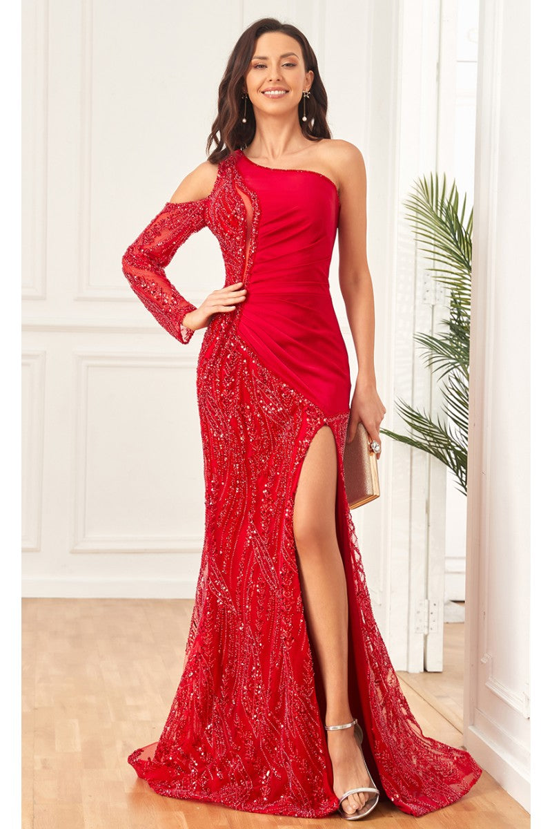 Prom Dresses Beaded Long Formal Slit Sequin Prom Dress Red