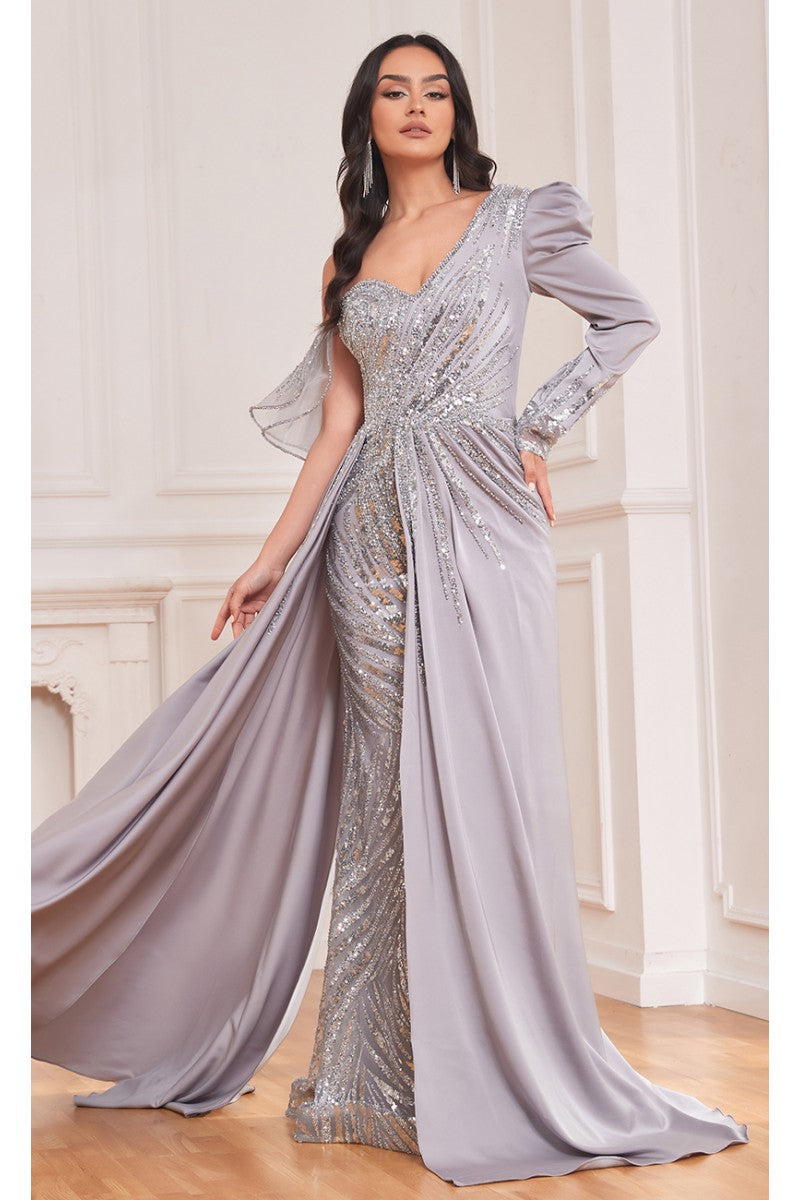Formal Dresses Overskirt Long Floral Formal Evening Fitted Dress Grey