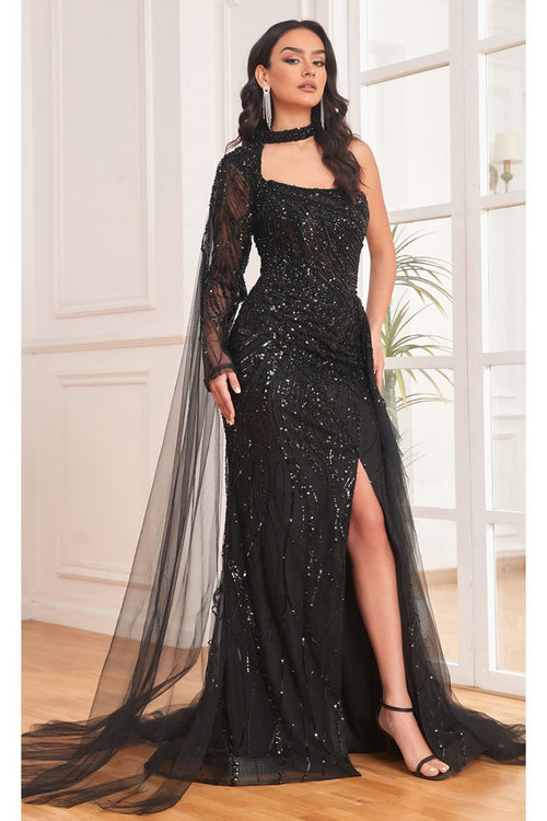 High Couture NR2292 Long Slit Formal Fitted Sequin Evening Dress