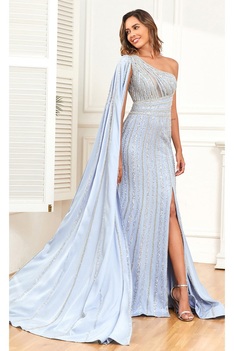 Formal Dresses Beaded Long Fitted Formal Glitter Evening Dress Blue