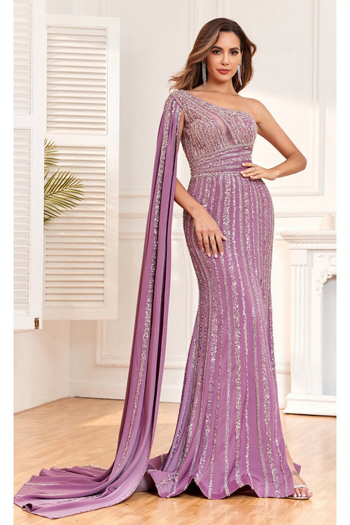 Formal Dresses Beaded Long Fitted Formal Glitter Evening Dress Purple