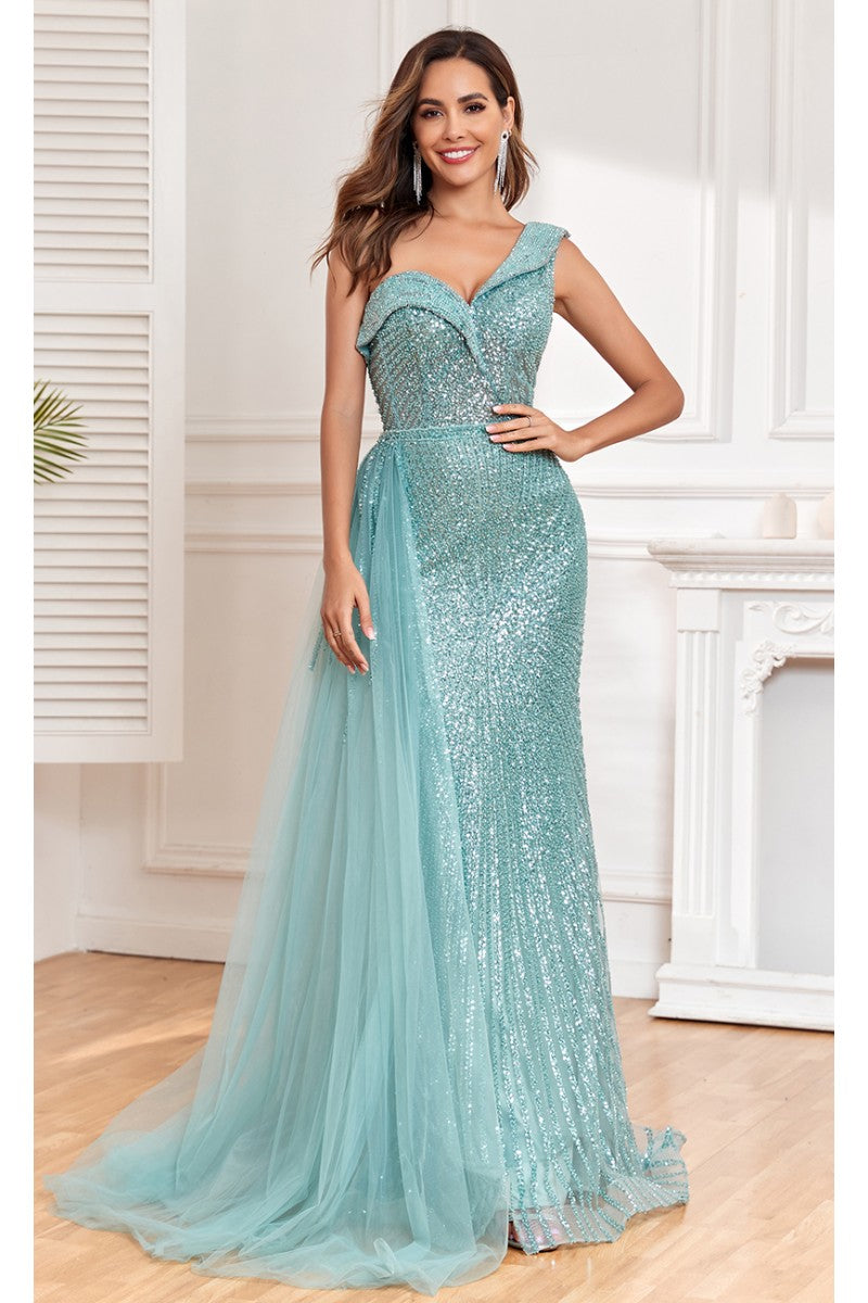Formal Dresses Fitted Long Overskirt Beaded Formal Sequin Evening Dress Mint