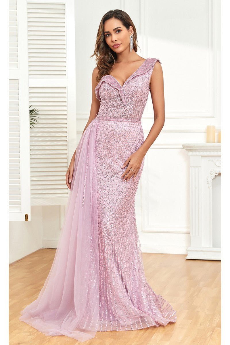 Formal Dresses Fitted Long Overskirt Beaded Formal Sequin Evening Dress Dusty Rose