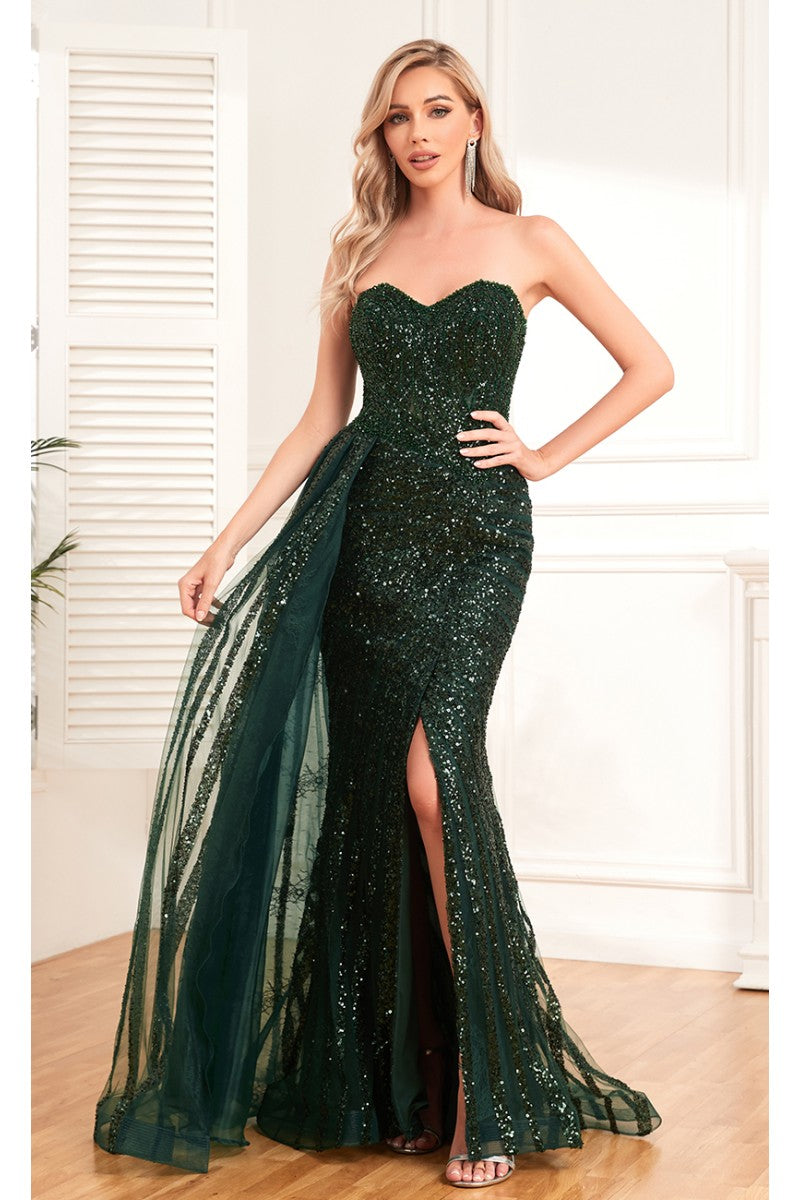 Prom Dresses Overskirt Long Beaded Slit Formal Prom Dress Emerald