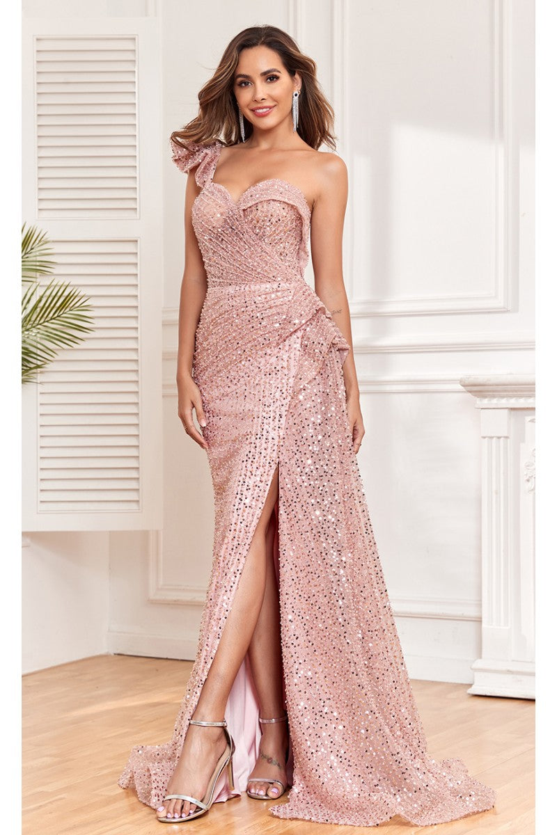 Prom Dresses Long Slit Formal Sequin Evening Dress Rose
