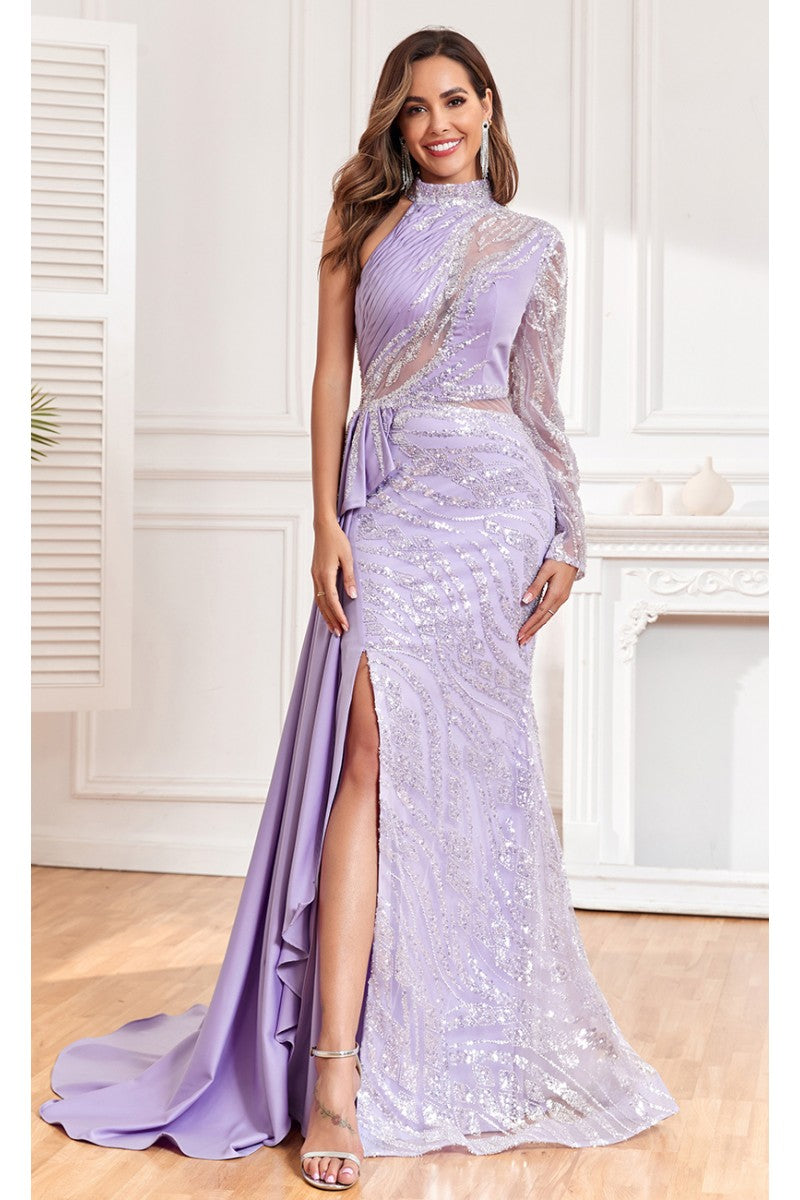 daring evening dresses High Couture NR2311 Long Ruffle Slit Formal Beaded Evening Dress Purple / 12